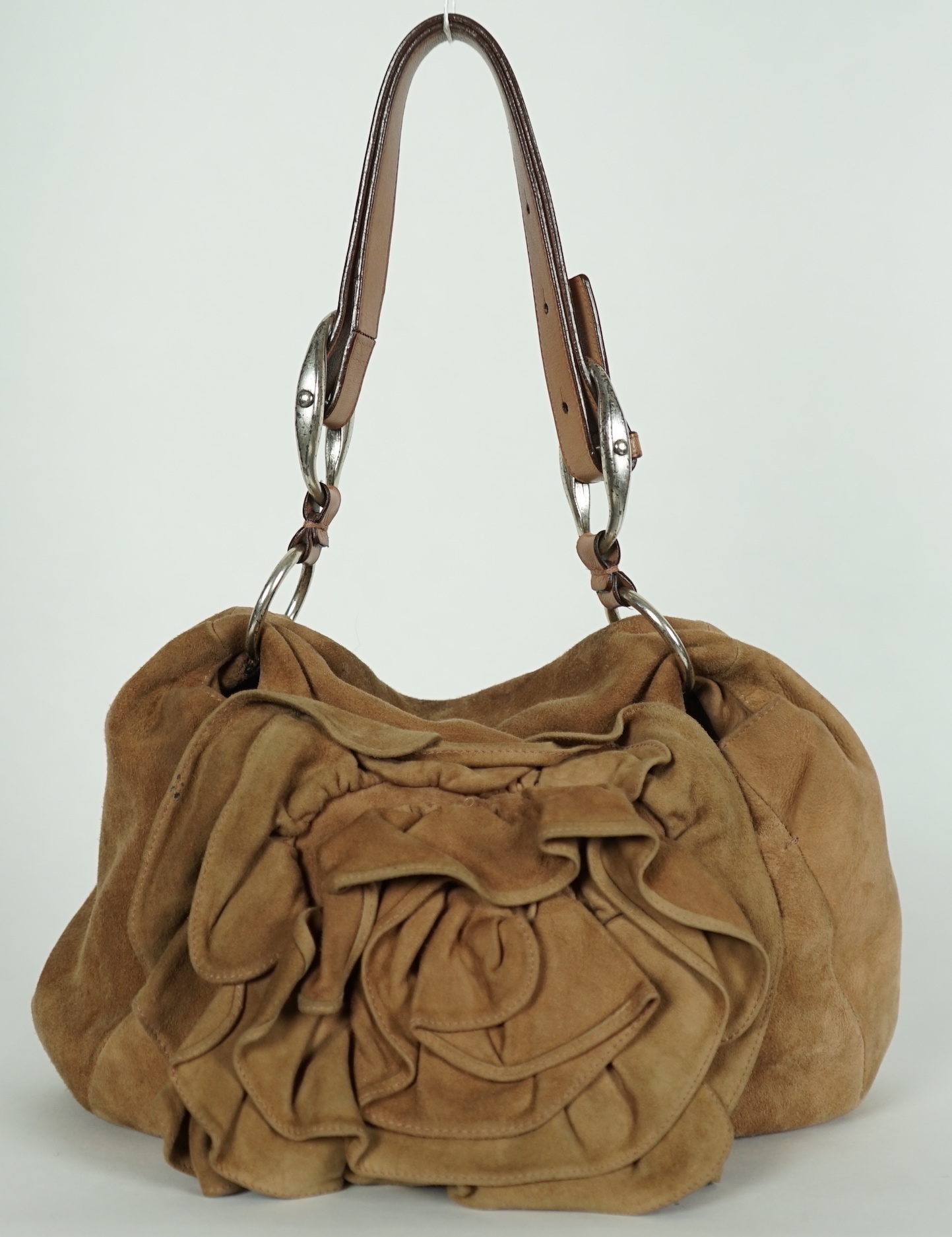 A Yves Saint Laurent rive gauche camel/ sand-brown sueded leather Nadja Rose Petal shoulder bag, designed by Tom Ford, width 36cm, height 33cm, depth 5cm